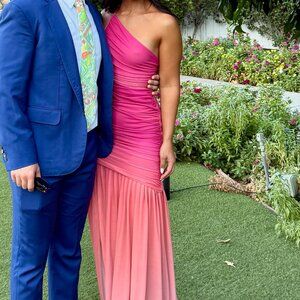 Michael Costello Pink Ombre One-Shoulder Maxi Dress – Backless Mesh Gown (XS)